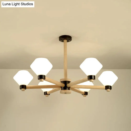 White Glass Urn Pendant Light - 6-Light Nordic Wood Hanging Lamp For Living Room