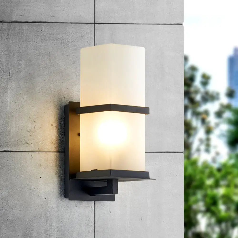 White Glass Wall Light With Black Rectangle Frame For Courtyards