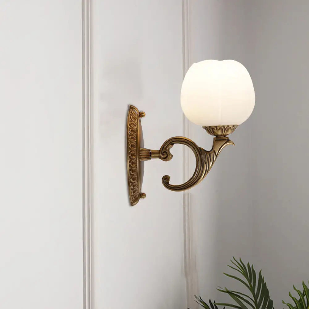 White Glass Wall Mounted Light With Country Brass Blossom Design Tearoom Surface Sconce