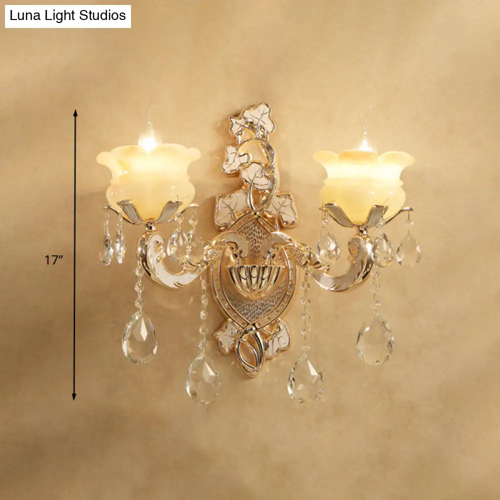 White Glass Wall Sconce With Crystal Draping Brass Mount - Traditional Candle Style Lighting (1/2