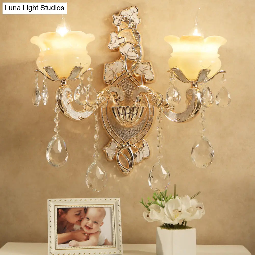 White Glass Wall Sconce With Crystal Draping Brass Mount - Traditional Candle Style Lighting (1/2