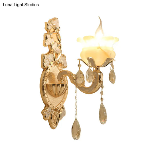 White Glass Wall Sconce With Crystal Draping Brass Mount - Traditional Candle Style Lighting (1/2