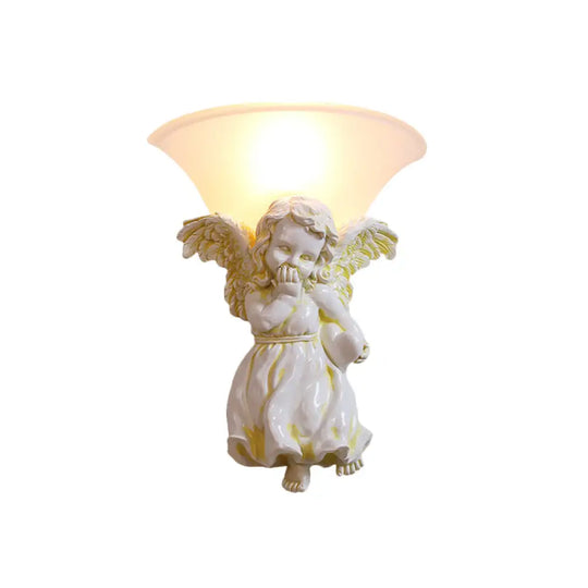 White/Gold Angel Sconce Wall Colonial 1-Light Resin Mount With Opal Glass Shade - Boy/Girl White /