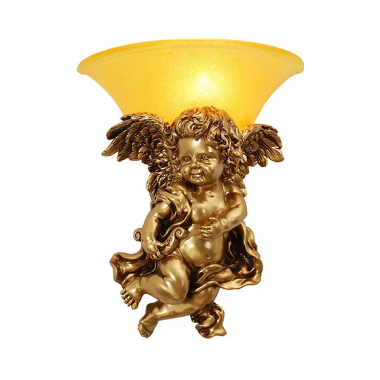 White/Gold Angel Sconce Wall Colonial 1-Light Resin Mount With Opal Glass Shade - Boy/Girl Gold /