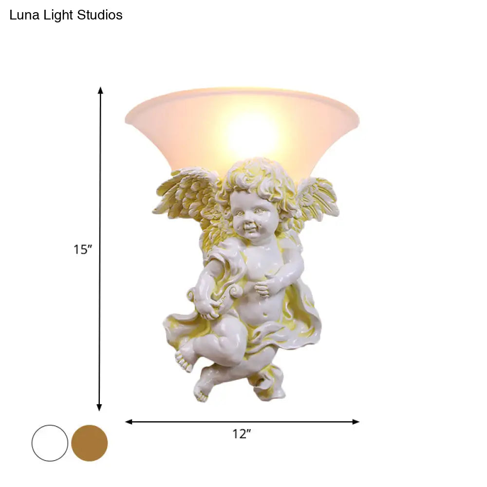 White/Gold Angel Sconce Wall Colonial 1-Light Resin Mount With Opal Glass Shade - Boy/Girl