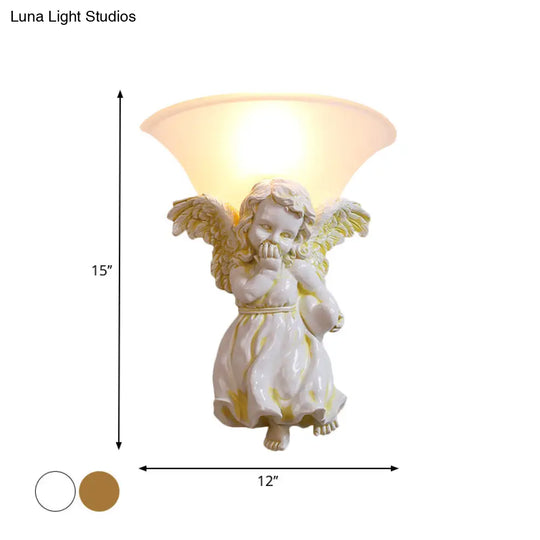 White/Gold Angel Sconce Wall Colonial 1-Light Resin Mount With Opal Glass Shade - Boy/Girl