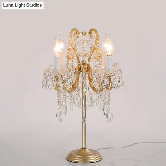 White/Gold Crystal Table Lamp - Elegant 2-Light Bent Arm Rural Style Living Room Night Light