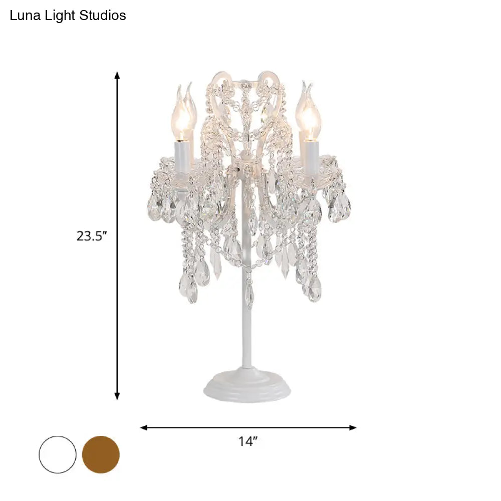 White/Gold Crystal Table Lamp - Elegant 2-Light Bent Arm Rural Style Living Room Night Light