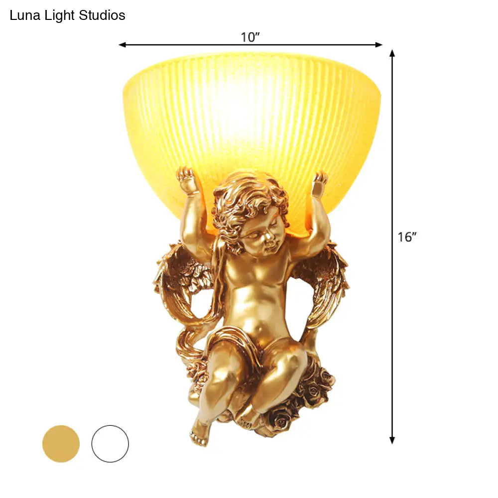 White/Gold Resin Angel Wall Light Sconce With Frosted Ribbed Glass Shade