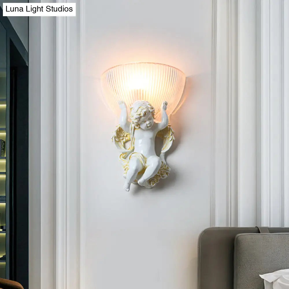 White/Gold Resin Angel Wall Light Sconce With Frosted Ribbed Glass Shade