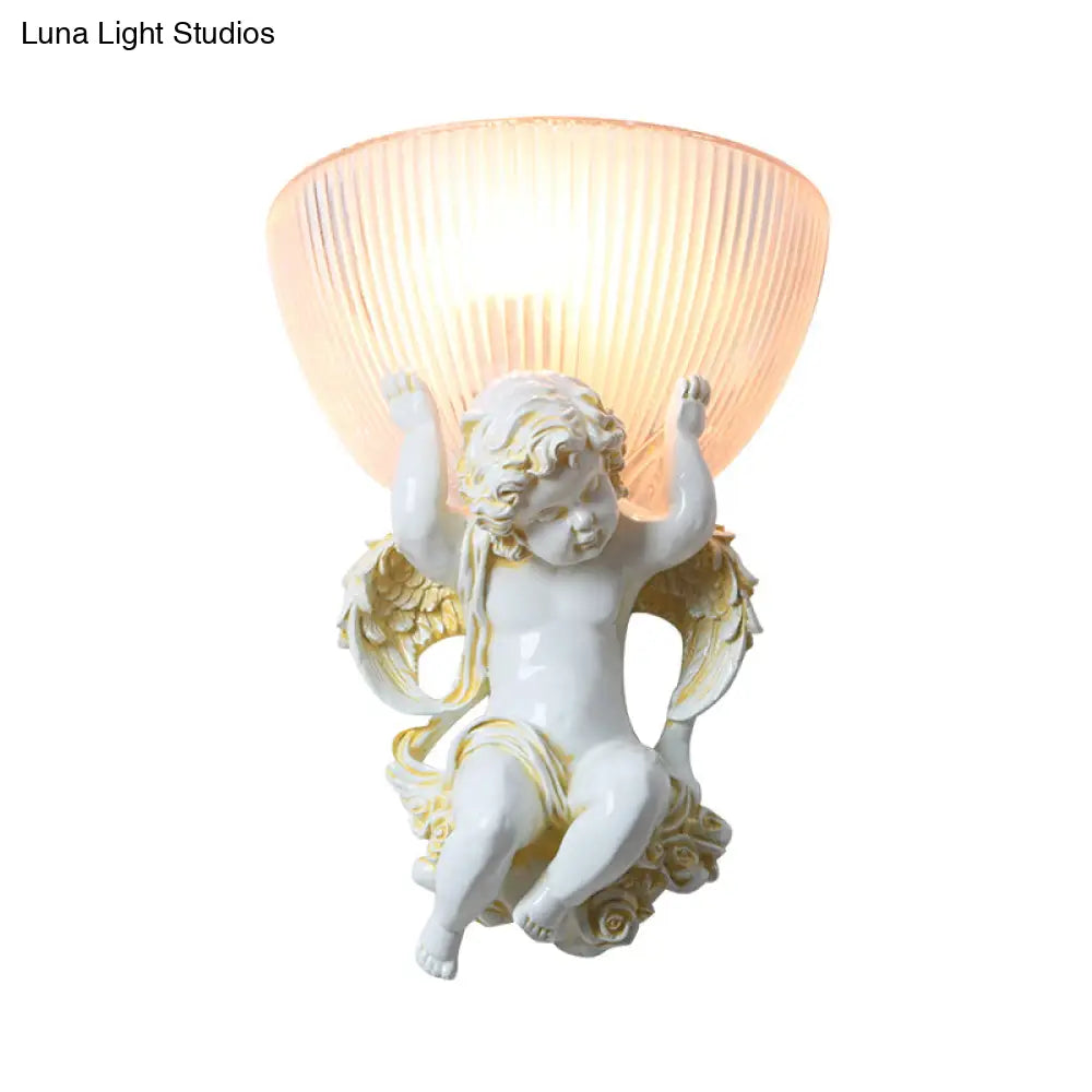 White/Gold Resin Angel Wall Light Sconce With Frosted Ribbed Glass Shade