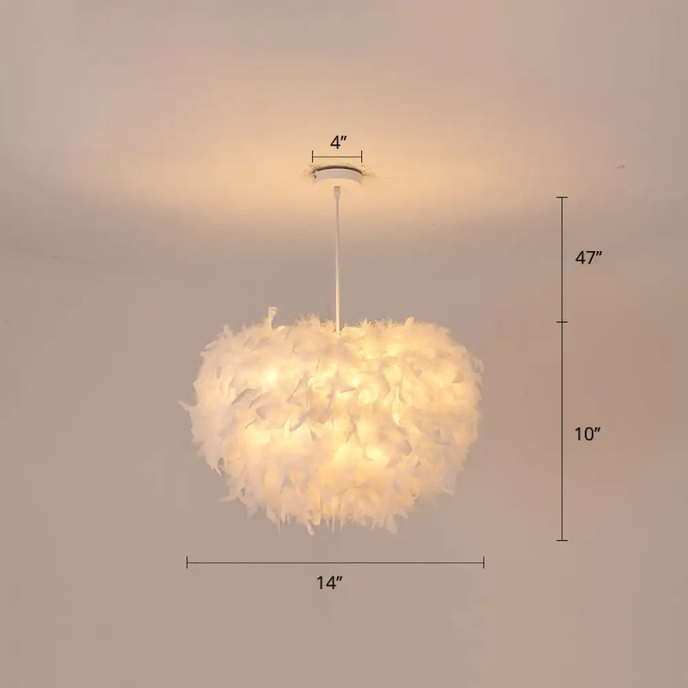 White Goose Feather Dome Ceiling Light Fixture - Elegant Pendant For Bedroom / 14’