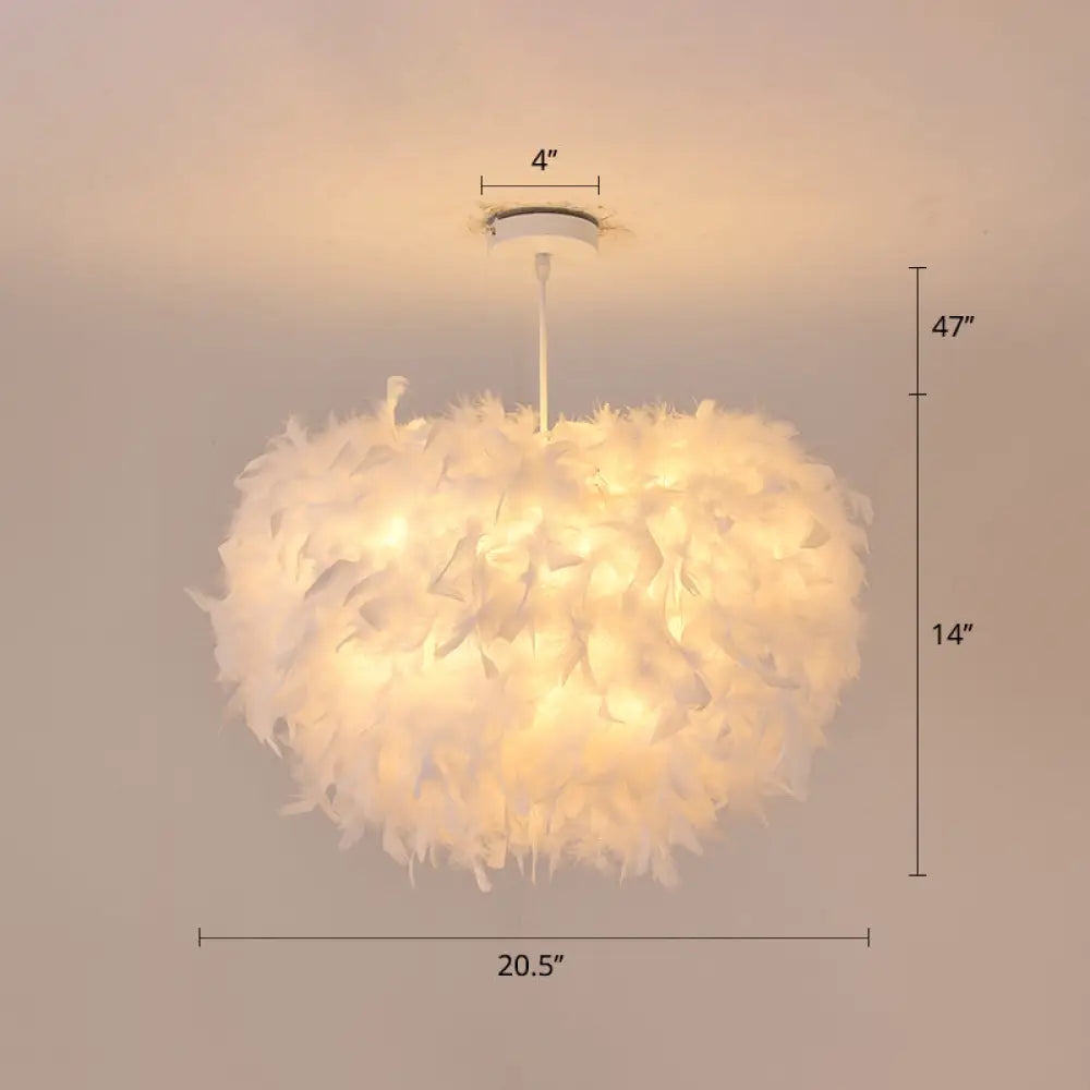 White Goose Feather Dome Ceiling Light Fixture - Elegant Pendant For Bedroom / 20.5’