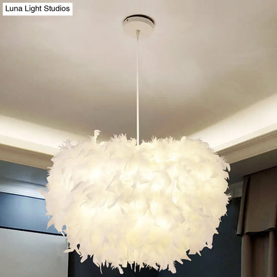 White Goose Feather Dome Ceiling Light Fixture - Elegant Pendant For Bedroom