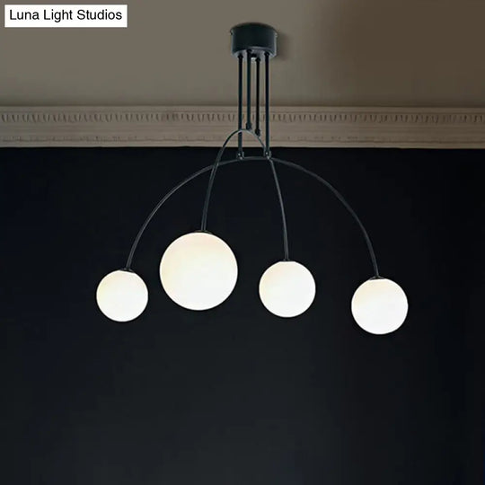 White Chandelier Pendant For Living Room With Arch Iron Shade And Milk Glass Balls