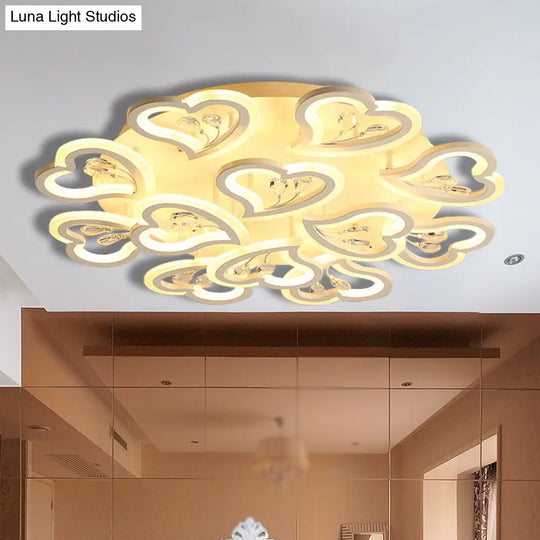 White Heart Shape Led Acrylic Ceiling Lamp - Modern Semi Flush Light With Crystal Accent