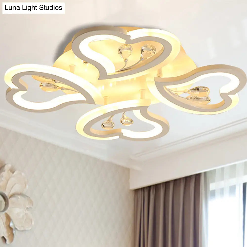 White Heart Shape Led Acrylic Ceiling Lamp - Modern Semi Flush Light With Crystal Accent