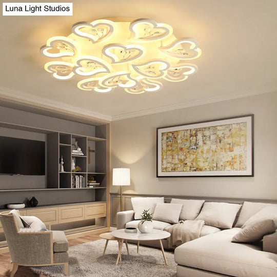 White Heart Shape Led Acrylic Ceiling Lamp - Modern Semi Flush Light With Crystal Accent