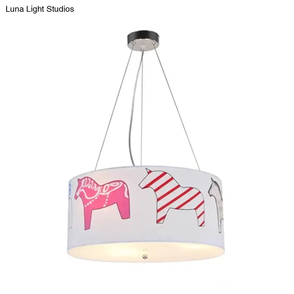 White Horse Fabric Chandelier: Animal Round Pendant For Kid Bedroom