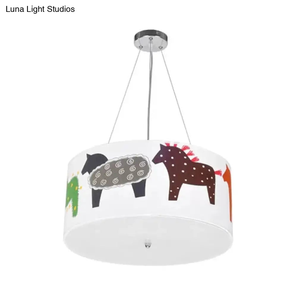 White Horse Fabric Chandelier: Animal Round Pendant For Kid Bedroom