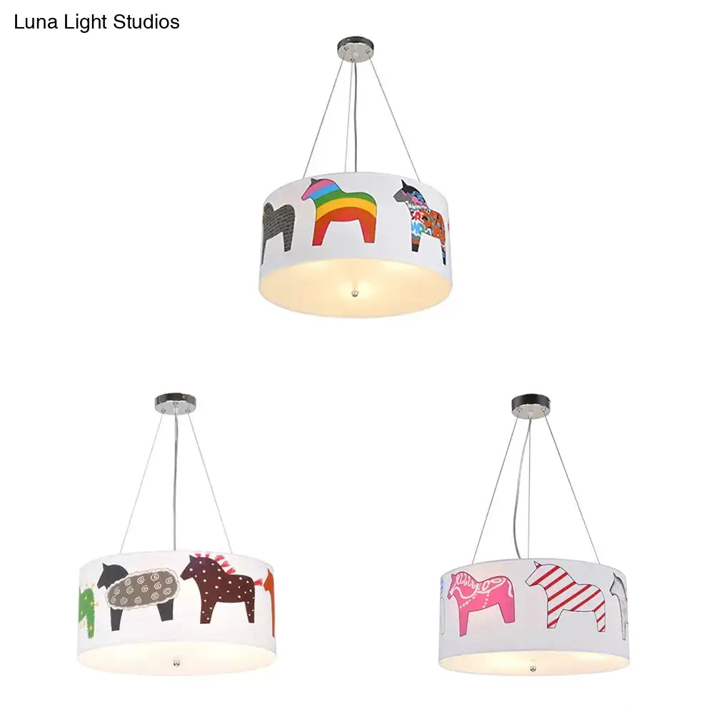 White Horse Fabric Chandelier: Animal Round Pendant For Kid Bedroom