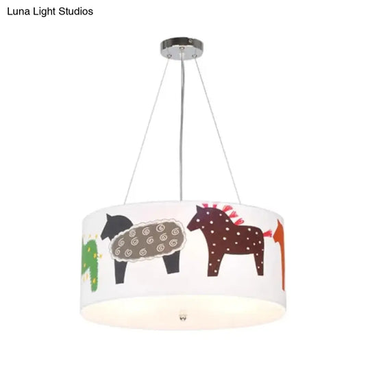 White Horse Fabric Chandelier: Animal Round Pendant For Kid Bedroom