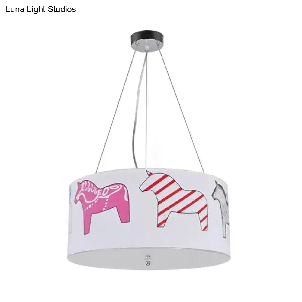 White Horse Fabric Chandelier: Animal Round Pendant For Kid Bedroom