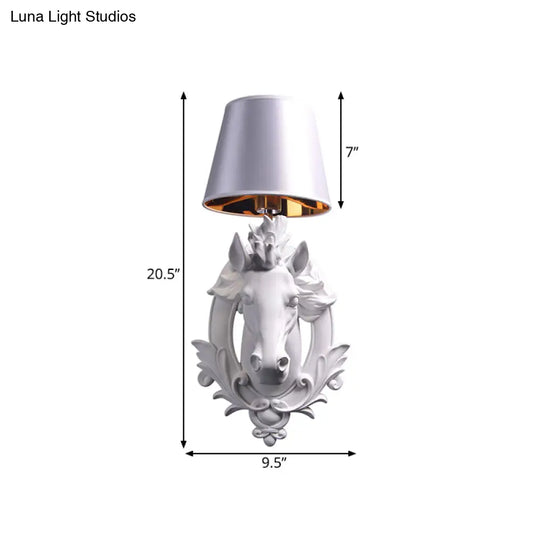 White Horse Wall Mount Lamp - Countryside Resin Sconce With Cone Shade For Living Room (1 Bulb