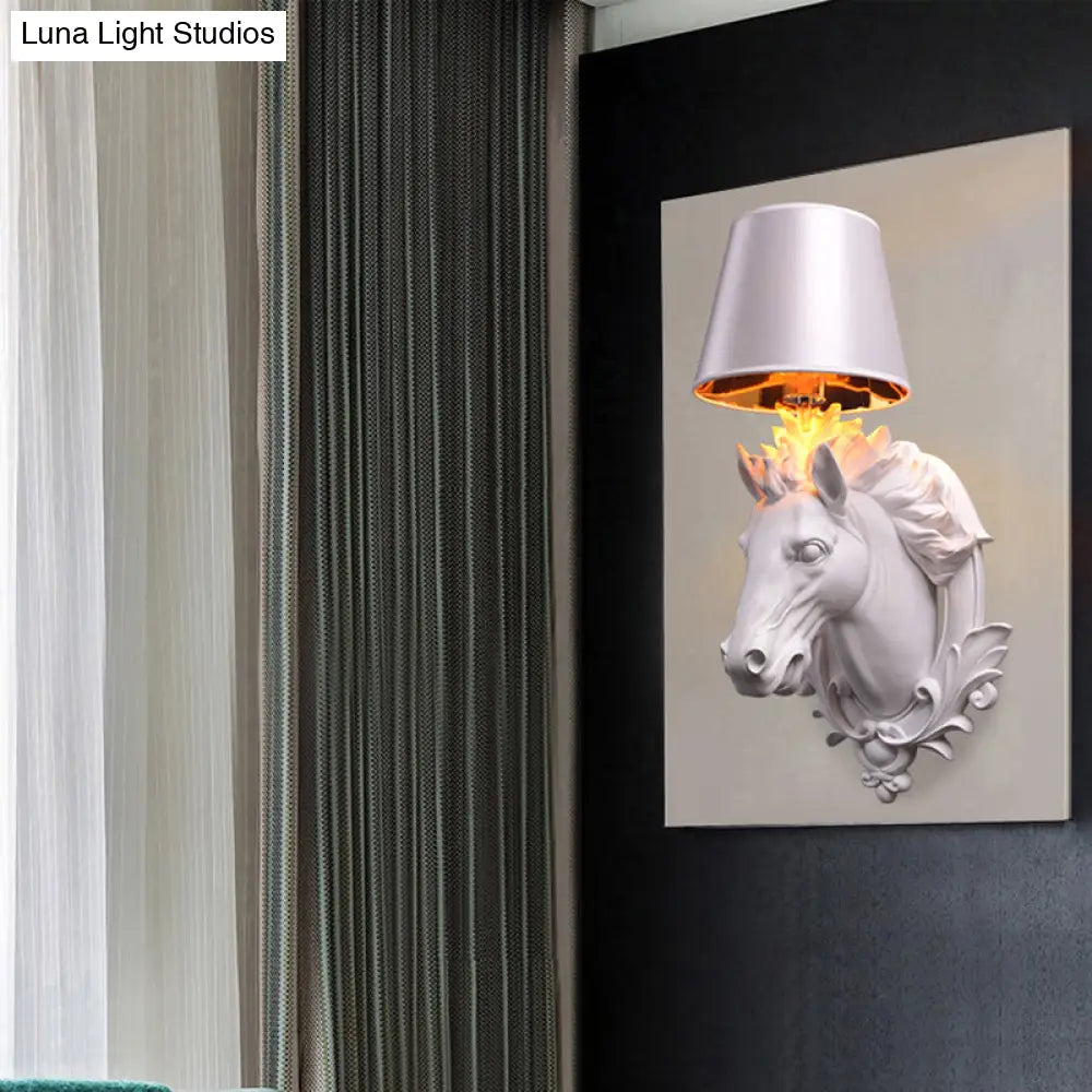 White Horse Wall Mount Lamp - Countryside Resin Sconce With Cone Shade For Living Room (1 Bulb