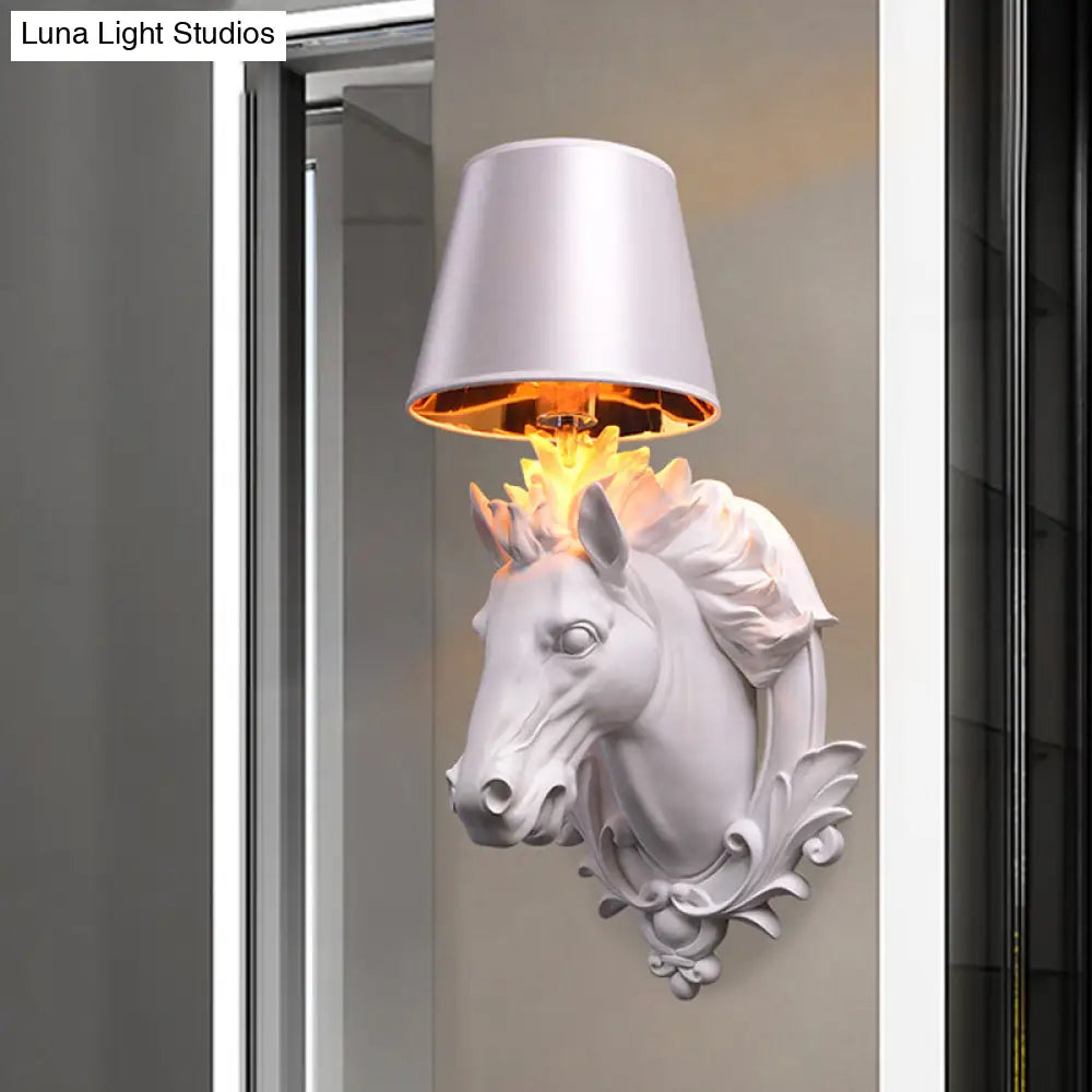 White Horse Wall Mount Lamp - Countryside Resin Sconce With Cone Shade For Living Room (1 Bulb