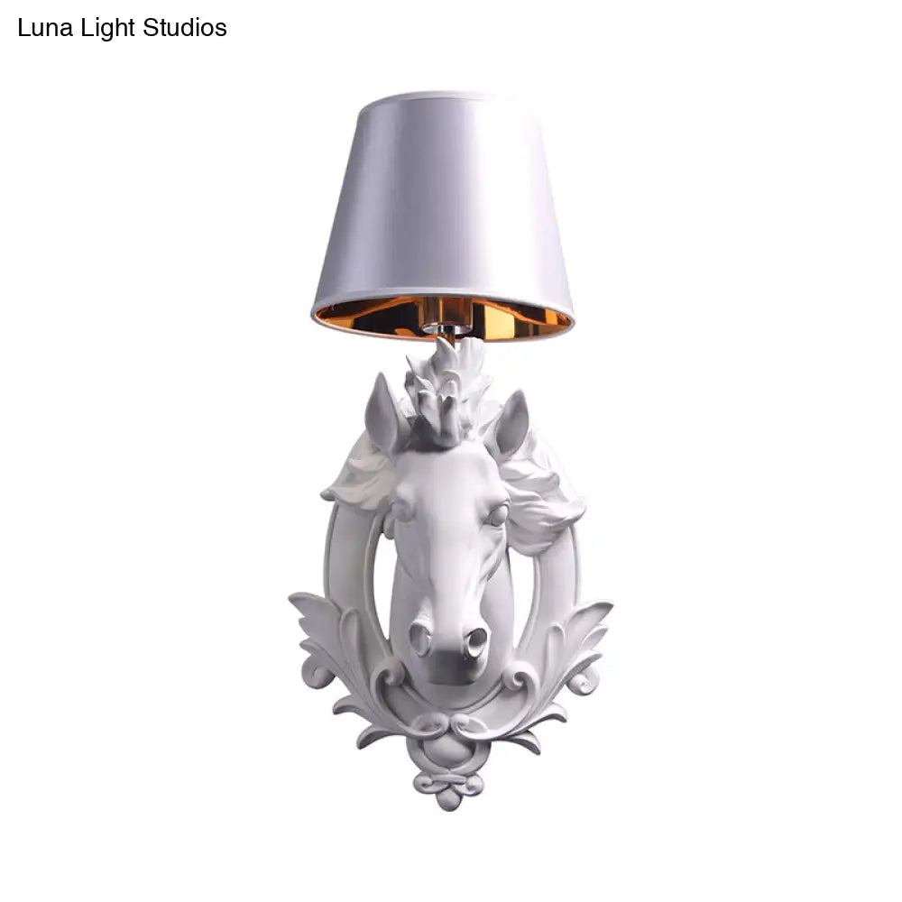 White Horse Wall Mount Lamp - Countryside Resin Sconce With Cone Shade For Living Room (1 Bulb