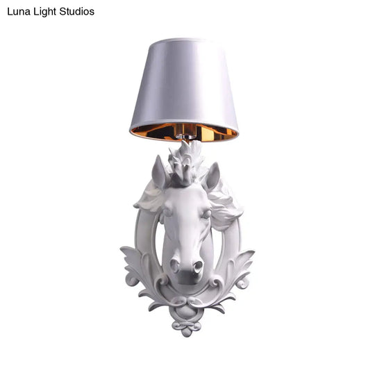 White Horse Wall Mount Lamp - Countryside Resin Sconce With Cone Shade For Living Room (1 Bulb