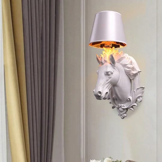 White Horse Wall Mount Lamp - Countryside Resin Sconce With Cone Shade For Living Room (1 Bulb