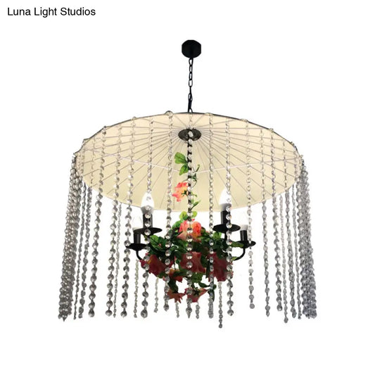 White Industrial Crystal Chandelier - 5-Light Umbrella Shade Ceiling Light For Restaurants