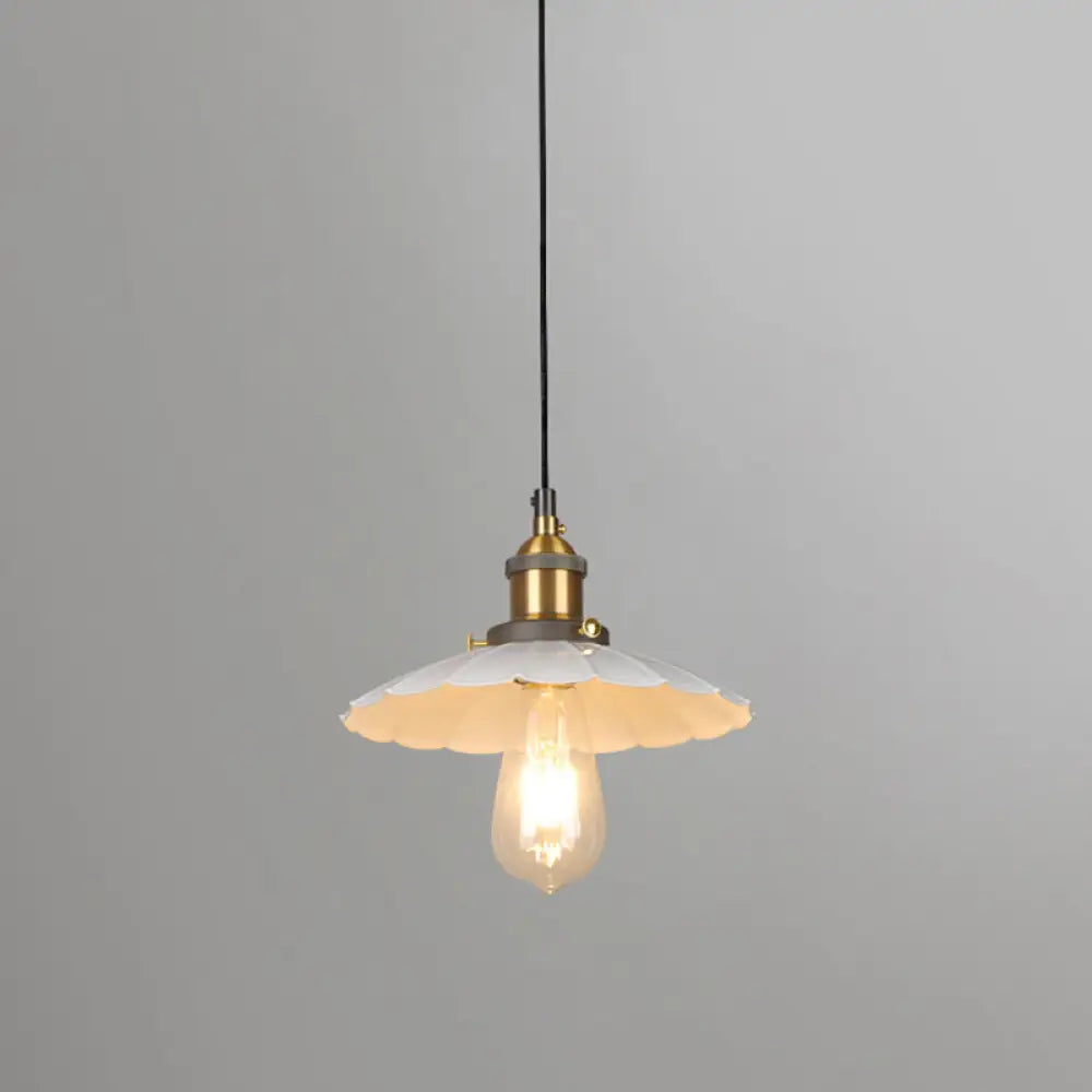 White Industrial Metal Scalloped Umbrella Pendant Light - Single Ceiling Hanging / 10’