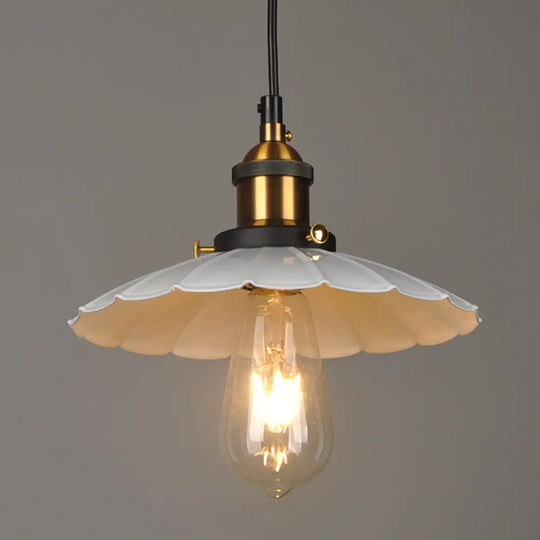 White Industrial Metal Scalloped Umbrella Pendant Light - Single Ceiling Hanging / 14’