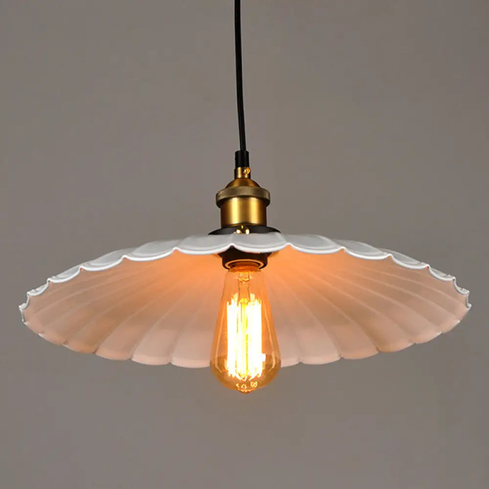 White Industrial Metal Scalloped Umbrella Pendant Light - Single Ceiling Hanging / 16.5’