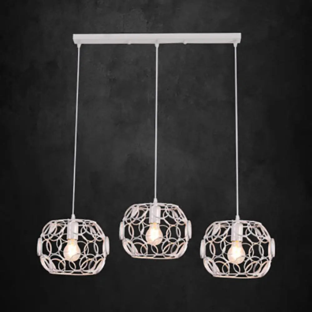 White Iron Globe Pendant Light With Wire Frame - Industrial Hotel Shop Lighting (3 Bulbs) / Linear