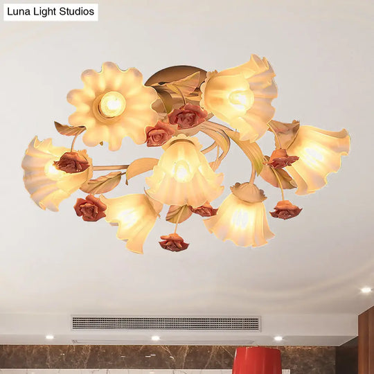 White Korean Garden Metal Flower Semi Flush Mount Ceiling Light For Living Room - 4/7 Lights