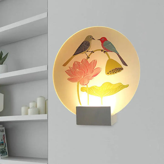 White Led Asia Lovebird And Lotus Mural Lamp For Bedroom Wall