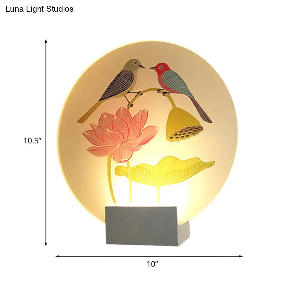 White Led Asia Lovebird And Lotus Mural Lamp For Bedroom Wall