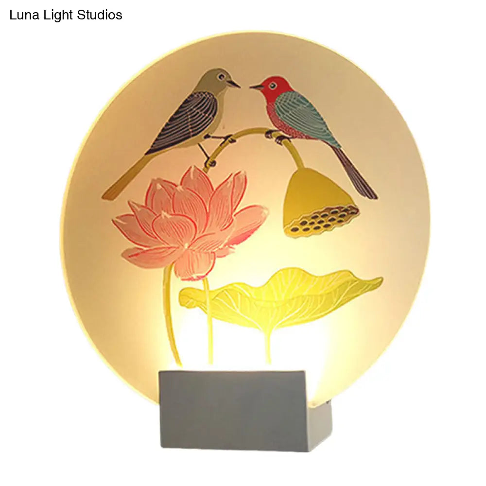 White Led Asia Lovebird And Lotus Mural Lamp For Bedroom Wall