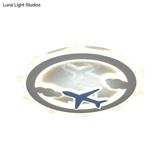 White Led Ceiling Flush Light For Kids With Cloud And Airplane Pattern - Sun Thin Acrylic Recessed