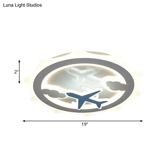 White Led Ceiling Flush Light For Kids With Cloud And Airplane Pattern - Sun Thin Acrylic Recessed