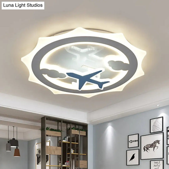 White Led Ceiling Flush Light For Kids With Cloud And Airplane Pattern - Sun Thin Acrylic Recessed