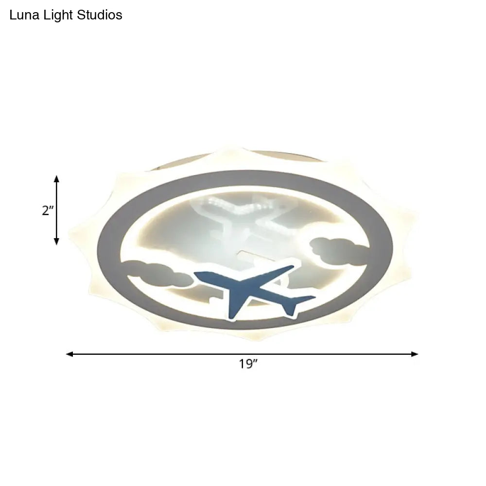 White Led Ceiling Flush Light For Kids With Cloud And Airplane Pattern - Sun Thin Acrylic Recessed