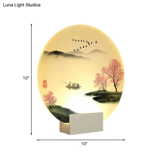 White Led Chinese Mountain And Lake Wall Lamp: Round Hallway Mural Lighting