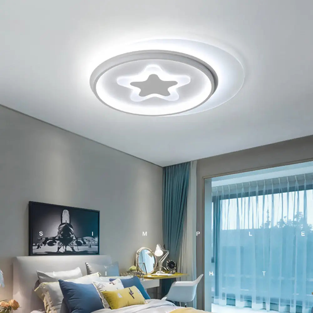 White Led Circle Flushmount Ceiling Light With Star Acrylic Design For Kid’s Room / 17’