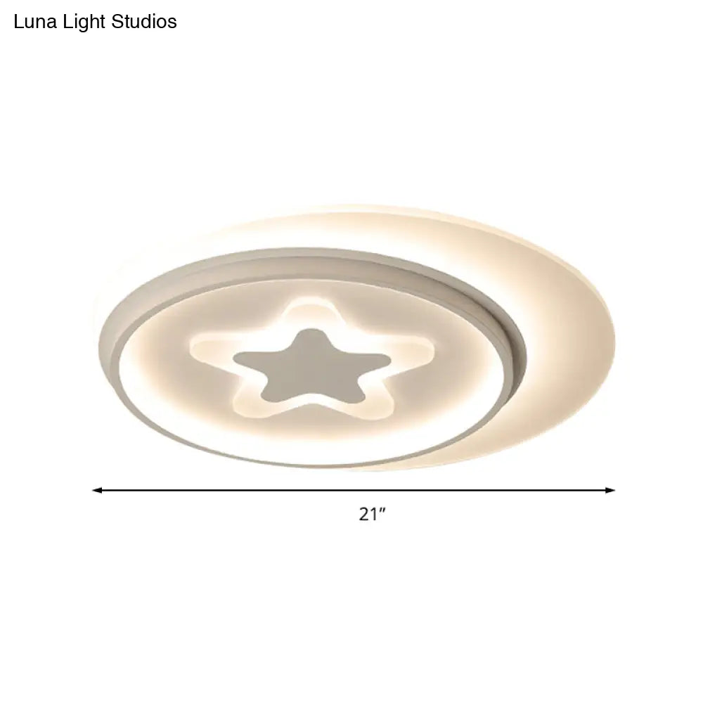 White Led Circle Flushmount Ceiling Light With Star Acrylic Design For Kid’s Room