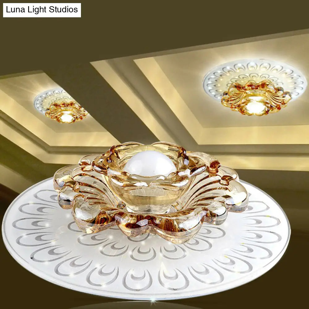 White Led Flush Mount Ceiling Light With Contemporary Floral Crystal Design